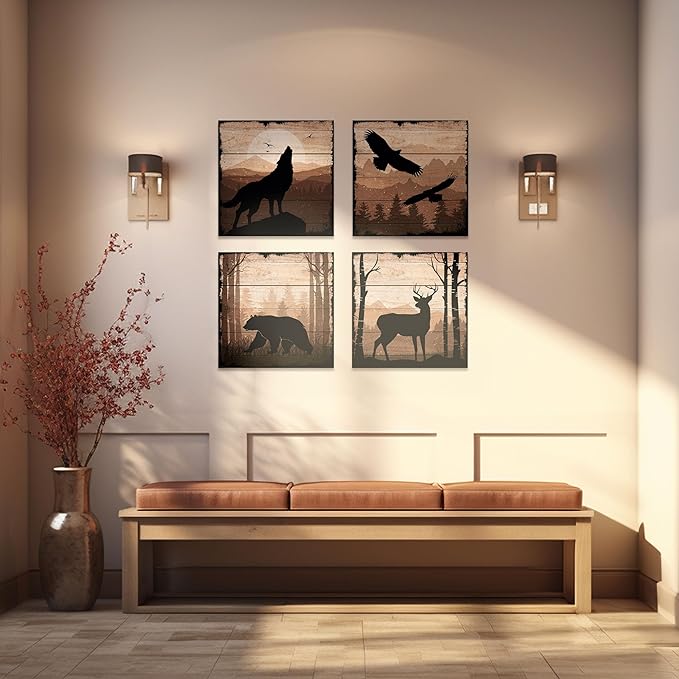 DIMARONGTON Wild Animal Canvas Wall Art Set of 4, 12x12 Inch Nature Canvas Art, Rustic Cabin Decor, Wildlife Prints Deer, Bear, Wolf Animal Wall Decor