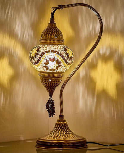 DEMMEX Turkish Moroccan Table Lamp, Swan Neck Tiffany Style Mosaic Glass Table Desk Bedside Lamp for Bedroom, Living Room – Handcrafted in Turkey, Amber Brown