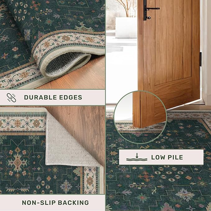 Hazo Haus Vintage Dark Green 2x10 Hallway Runner Rug - Modern Boho Eclectic Floral Pastel, Washable Low Pile Non-Slip Extra Long Runner Rugs for Kitchen, Bedroom