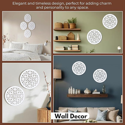 Woodify Hand-Carved Wooden Wall Décor – Set of 2, 12" x 12" Decorative Wood Panels, Floral Design, White Antique Finish, Wall Art for Living Room & Home Décor