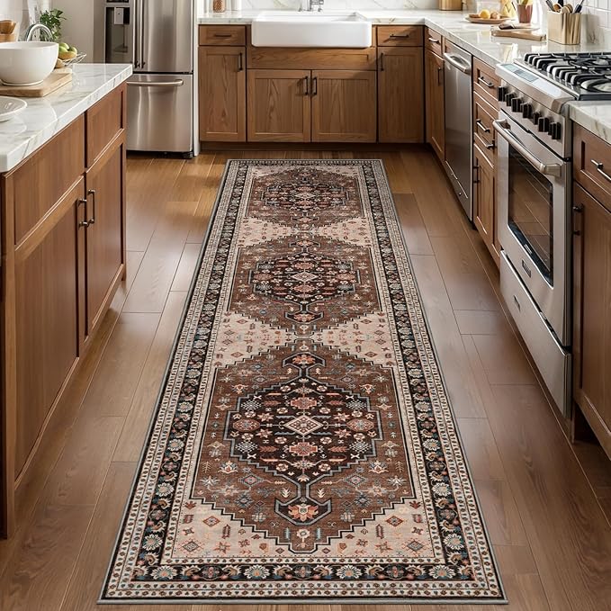 Tangsoo 2.6x8 Runner Rug for Hallways,Washable Non Slip Vintage Kitchen Runner Rug,Boho Brown Beige Soft Print Distressed Low Pile Floor Carpet for Bedroom Bathroom Laundry Room