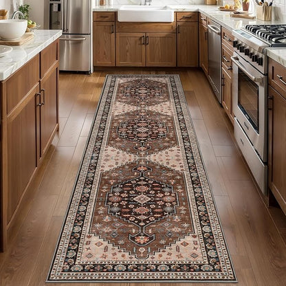 Tangsoo 2.6x8 Runner Rug for Hallways,Washable Non Slip Vintage Kitchen Runner Rug,Boho Brown Beige Soft Print Distressed Low Pile Floor Carpet for Bedroom Bathroom Laundry Room
