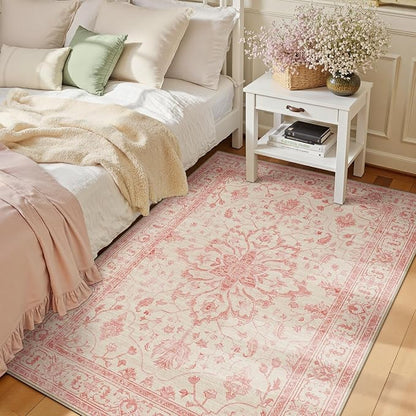 RELEANY Area Rugs 3'x5' Washable Non-Slip, Floral Vintage Distress Print Pattern Medallion Carpet for Living Room Bedroom Dining Room, Pink Light Vintage Pink
