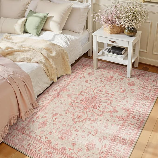 RELEANY Area Rugs 3'x5' Washable Non-Slip, Floral Vintage Distress Print Pattern Medallion Carpet for Living Room Bedroom Dining Room, Pink Light Vintage Pink