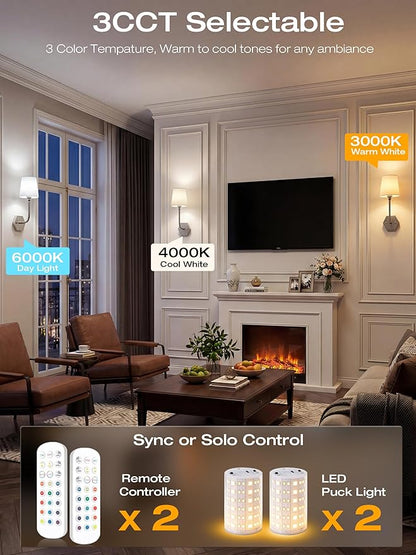 CLOUDY BAY 10000mAh Battery Operated Wall Sconces,Up to 100 Hours with Rechargeable RGB Dimmable Magnetic Bulb,Cordless Wall Lighting Fixtures with Remote for Bedroom,Brushed Nickel,2 Pack-17.9inch