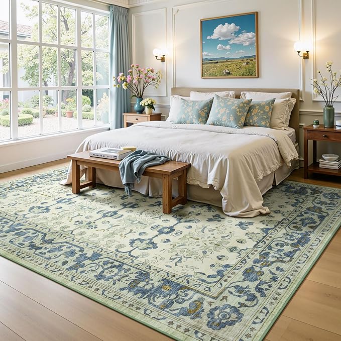 Lessymo Washable Area Rug for Living Room,8x10 Large Rugs with Non-Slip Backing,Soft Boho Carpets for Bedroom Dining Room Nursery Home Office,Light Blue
