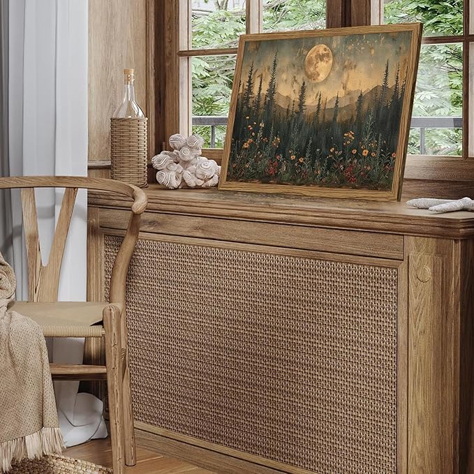 Vintage Nature Forest Wall Art Dark Moon Landscape Painting Wall Decor Woodland Picture Artwork 3D Textured Hand Drawn Sandstone for Farmhouse Bedroom Living Room 24x36 inch Wood Framed