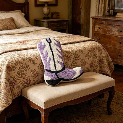 Moorfowl Cowboy Boot Throw Pillow Single-Sided Cute Novelty Accent Pillows Decorative Boot Shaped Stuffed Cushion for Bed Couch Chair Sofa (Purple)