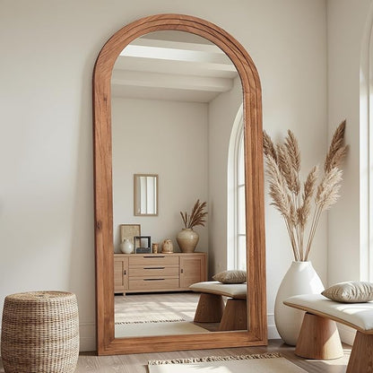Full Length Mirror, 81"x41" Wooden Mirror Full Length with Stand Wood Floor Mirror, Oversized Stand Up Mirrors Large Wall Mirrors, Wall Mounted Mirrors, Arched Wood Style, Brown