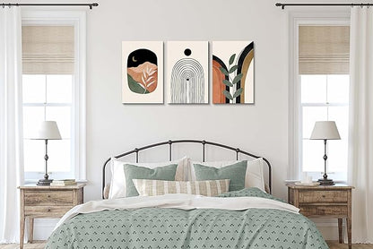 Boho Wall Art Prints Set of 3, Boho Wall Decor, Mid Century Modern Prints Sun Moon Leaf Mountain Canvas Wall Painting, Neutral Abstract Geometric Prints Canvas Artwork Prints for Bedroom Bathroom Living Room Office