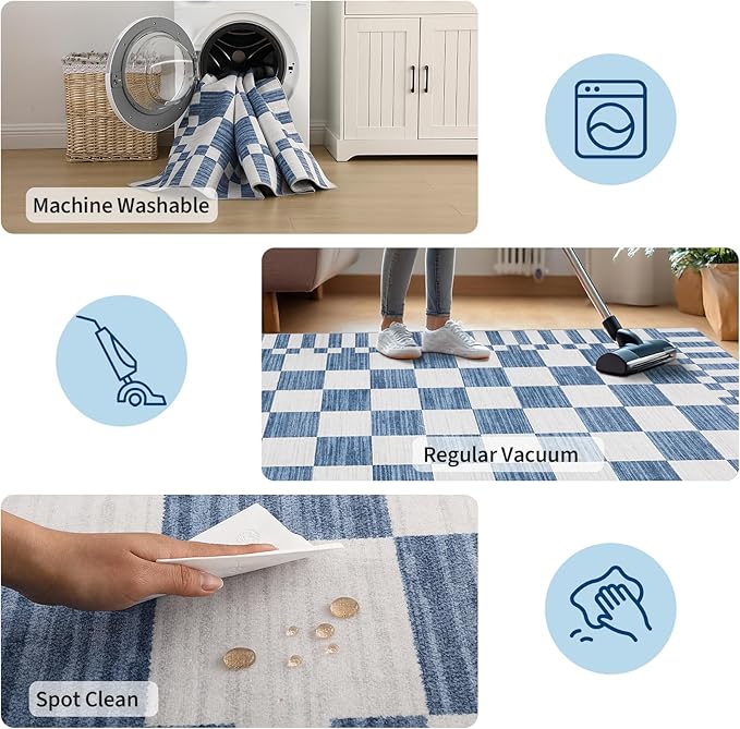 GarveeHome 2×6 Kitchen Runner Rug Non Slip,Dark Blue Checkered Rug,Washable Runner Rug for Hallway Soft Low-Pile Geometric Checkerboard Rugs for Entryway Kitchen Dining Room