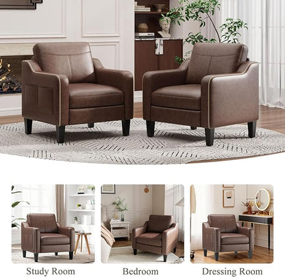 MALOL PU Leather Accent Chair Set of 2, Mid-Century Modern Living Room Armchair Sofa with Removable Cushions & Stitched Armrest Design, Bedroom Chair with Plastic Legs, Chocolate Brown