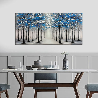 Trogonup Large Forest Wall Art for Living Room Blue and White Trees Landscape Painting Modern Textured Oil Painting for Bedroom Office Home Decor 24x48 Inch