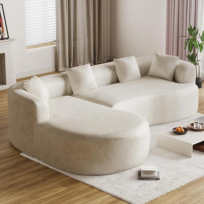 Luxury Modern Tight Curved Back Sofa, 111" Minimalist Style Comfy Couch for Living Room, 4 Seater Modular Chenille Sectional with 4 Throw Pillows,No Assembly Needed,Cream White(Left-Facing Chaise)