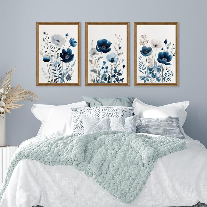 DUWQU 3 Pieces Blue Floral Canvas Wall Art, Wood Framed Navy Blue Wildflower Lily Daisy Wall Decor, Watercolor Botanical Flower Home Poster Art Prints for Living Room Bedroom Bathroom 20×30 Inches