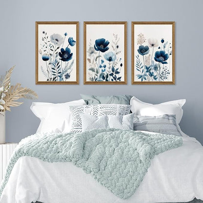 DUWQU 3 Pieces Blue Floral Canvas Wall Art, Wood Framed Navy Blue Wildflower Lily Daisy Wall Decor, Watercolor Botanical Flower Home Poster Art Prints for Living Room Bedroom Bathroom 20×30 Inches