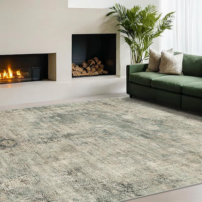 Hazo Haus Neutral Dark Rugs for Living Room - 6x9 Washable Rug for Dining Room Table, Bedroom Under Bed, Ultra-Thin Soft Textured Moss Green Indoor Decor