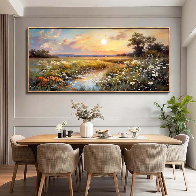 hyidecorart Large Framed Wall Art, Landscape Wall Art, Nature Wall Decor, Wildflowers Scenery Painting Prints, French Country Pictures for Living Room Bedroom Modern Farmhouse Decorations 32x72 In