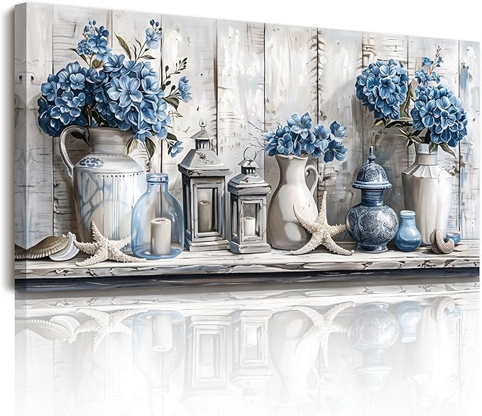 SERIMINO Floral Wall Art, Large Wall Decor, Hydrangea Wall Art, Rustic Beach House Decoration, Blue and Grey Canvas Prints, Earthy Pictures for Living Room Bedroom Mediterranean Farmhouse 24"x48"