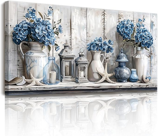 SERIMINO Extra Large Wall Art, Flower Wall Art, Nautical Wall Decor, Rustic Still Life Painting Prints, Blue Floral Starfish Pictures for Living Room Dining Room Modern Farmhouse Beach House 29"x57"
