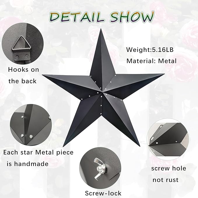 VIVICOMFY 48" Black Barn Star Metal Wall Hanging Decor - Outdoor & Indoor, Rust Resistant, Weatherproof - Perfect for Living Room & Farmhouse Decor