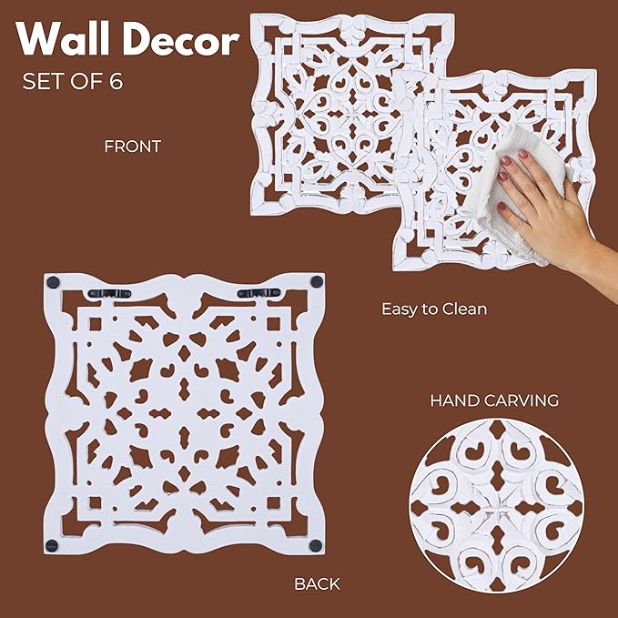 Wall Panels for Living Room & Bedroom – Hand-Carved Decorative Wood Wall Art Set of 6, 12x12" White Antique, Rustic Home Décor,Elegant Decorative Wall Art for Home & Office