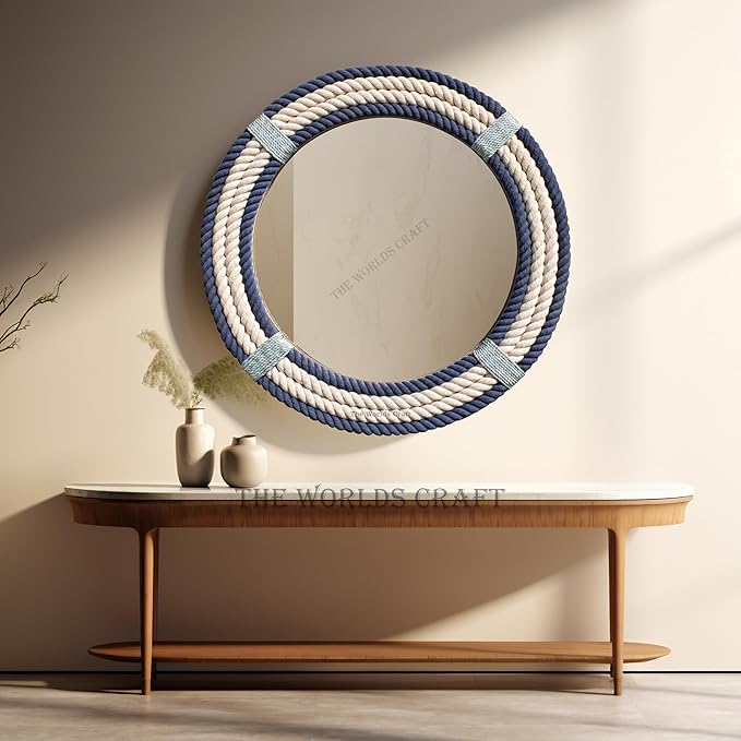 Nautical Round Rope Mirror - White Twisted Rope wall Hanging Mirror, Rustic Boho & Coastal Farmhouse Décor for Bathroom, Bedroom, Nursery, or Entryway