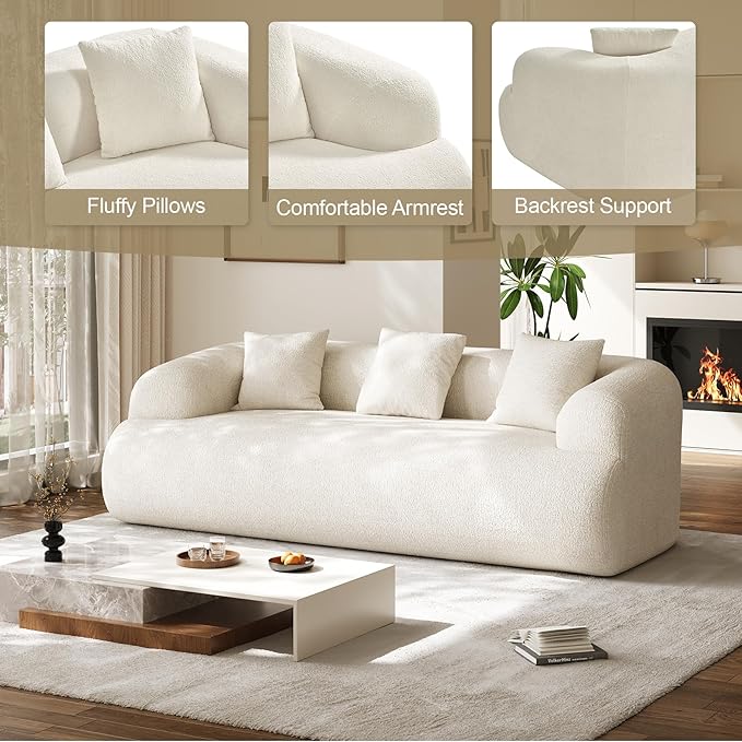 91" Boneless Couch,Cloud Couch,Chenille Curved Sofa with 3 Seater and 3 Pillows, Modern Compression Sofa for Living Room, Bedroom and Apartment, No Assembly Required, Beige White
