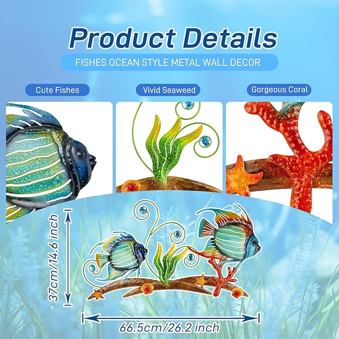 dreamskip 26'' Metal Beach Wall Decor Art, Sea Fish Ocean Themed Wall Sculpture, Coastal Outdoor Decor For Garden, Pool, Fence, Patio, Bathroom Indoor