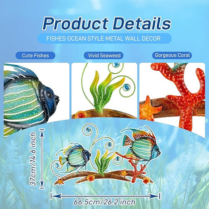 dreamskip 26'' Metal Beach Wall Decor Art, Sea Fish Ocean Themed Wall Sculpture, Coastal Outdoor Decor For Garden, Pool, Fence, Patio, Bathroom Indoor