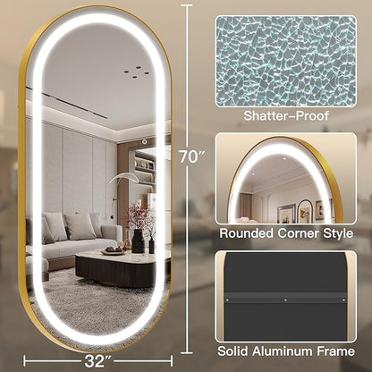 FENNIO 70" x 32" Large Luxury Wall Mounted Mirror with LED Lights - Oval Full Length LED Lighted Full Body Dressing Mirror for Bedroom, Salon, Brushed Aluminum Frame, Tempered Glass