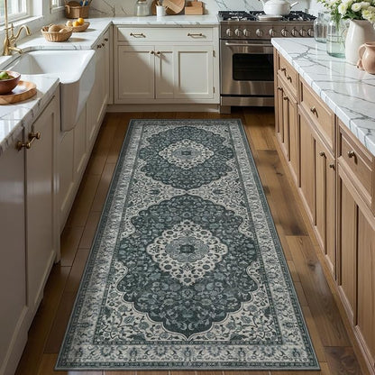 Tangsoo Vintage 2x6 Washable Runner Rug for Hallways,Grey Green Non-Slip Low Pile Long Rug Runner,Floral Soft Indoor Carpet Runner for Kitchen Bedroom Entryway Laundry