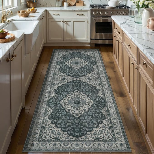 Tangsoo Vintage 2x6 Washable Runner Rug for Hallways,Grey Green Non-Slip Low Pile Long Rug Runner,Floral Soft Indoor Carpet Runner for Kitchen Bedroom Entryway Laundry