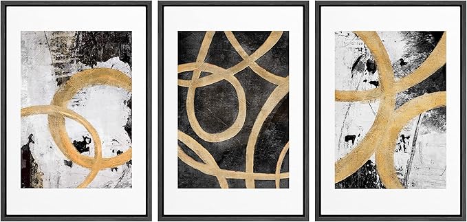 SIGNLEADER Framed Canvas Print Wall Art Set Gold Black Circle Ring Spiral Collage Abstract Shapes Illustrations Modern Art Decorative Contemporary for Living Room, Bedroom, Office - 16"x24"x3 BLACK