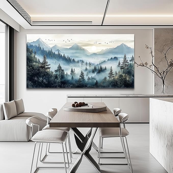 FUHAIHUA Large Wall Decor For Living Room Canvas Wall Art For Office Modern Wall Decorations For Bedroom Forest Fog Landscape Painting Mountain Pictures Artwork Room Home Decor 24x48 In