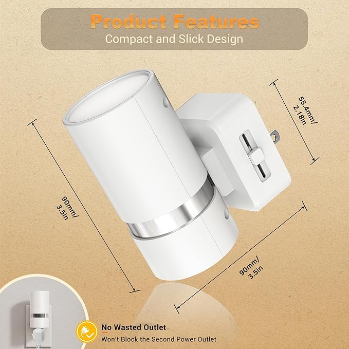 JandCase Night Lights Plug into Wall, Automatic Night Light with Dusk to Dawn, 2 Pack 5000K Daylight 0-100LM Dimmable Plug in LED Nightlight for Bedroom, Hallway, Stairs