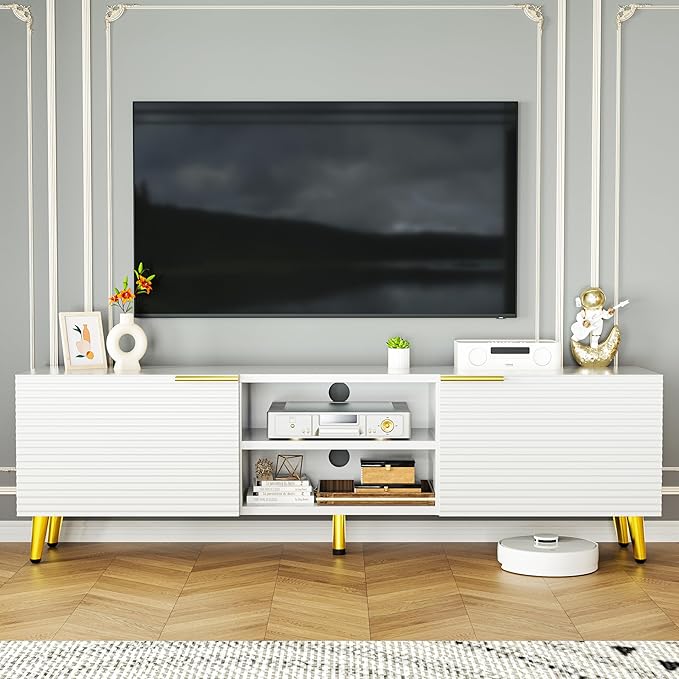 Modern TV Stand for 55/60/65 Inch TV, Entertainment Center with Storage Cabinet and Open Shelves, Media Console Table for Living Room, Bedroom, White & Gold