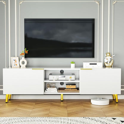 Modern TV Stand for 55/60/65 Inch TV, Entertainment Center with Storage Cabinet and Open Shelves, Media Console Table for Living Room, Bedroom, White & Gold