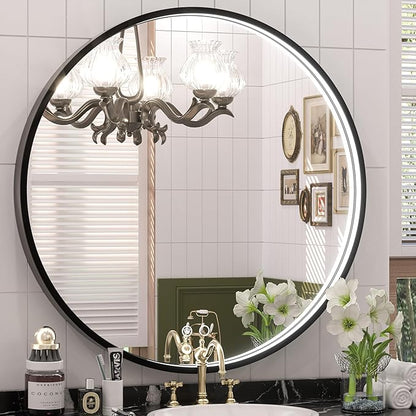 Keonjinn 28 Inch Round LED Bathroom Mirror, 3 Color Temperature Lights 3000K/4500K/6000K, Black Metal Framed Front Lighted Round Vanity Mirror Dimmable, Circle Makeup Mirror Anti-Fog UL Listed CRI≥90
