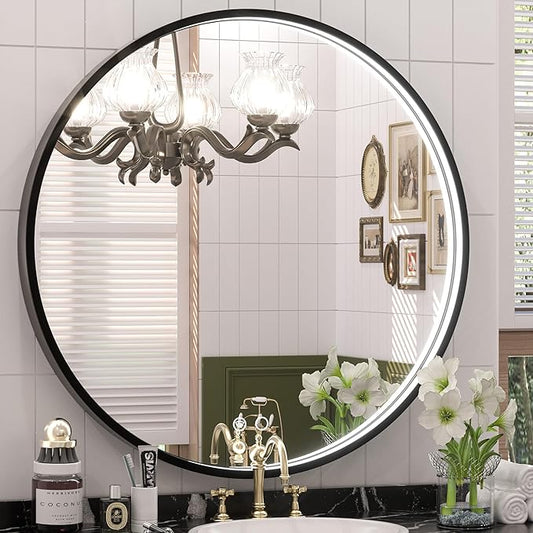 Keonjinn 28 Inch Round LED Bathroom Mirror, 3 Color Temperature Lights 3000K/4500K/6000K, Black Metal Framed Front Lighted Round Vanity Mirror Dimmable, Circle Makeup Mirror Anti-Fog UL Listed CRI≥90