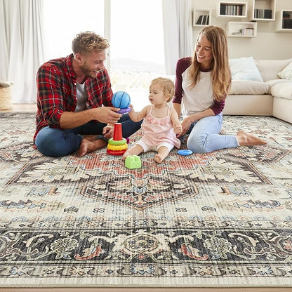 Area Rug for Living Room - 5x7 Soft Machine Washable Oriental Vintage Floral Distressed Large Indoor Floor Carpet for Bedroom Under Dining Table Home Office Decor - Multi Cream