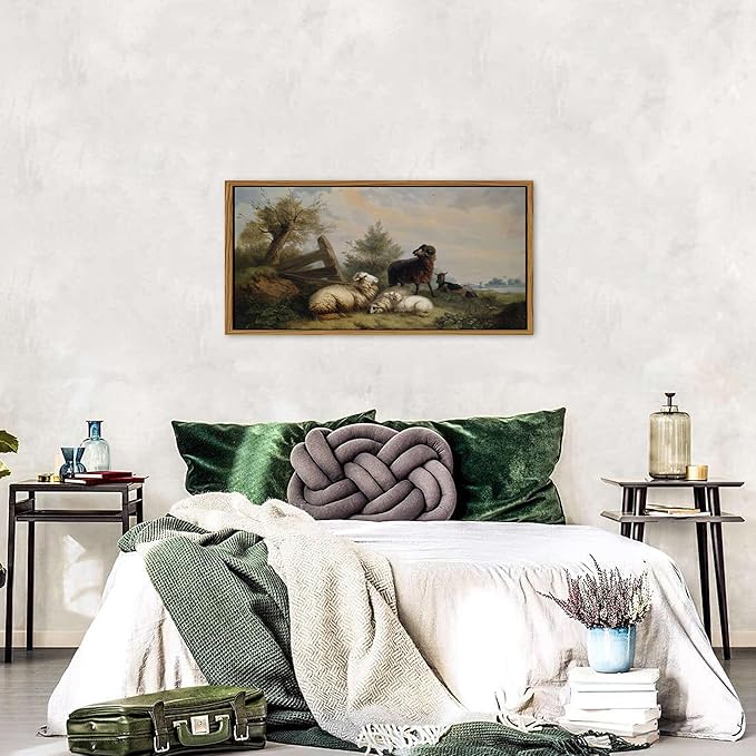 Rustic Sheep Canvas Wall Art Framed Vintage Country Pasture Animal Pictures Farmhouse Meadow Field Prints Painting Cottagecore Countryside Poster Artwork for Bedroom Living Room Home Decoration 20x40