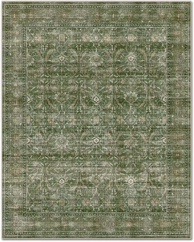 Washable 8x10 Area Rugs for Living Room, Boho Non-Slip Vintage Distress Large Rugs for Bedroom Dining Room Nursery Office, 0.3" Neutral Oriental Throw Thin Carpet, Grass Green/Multi, D1