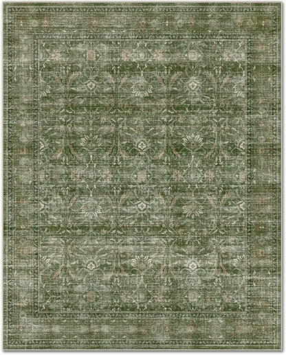 Washable 4x6 Rugs for Living Room, Boho Non-Slip Vintage Distress Small Rugs for Bedroom Nursery Office, 0.3" Neutral Oriental Throw Thin Carpet with Cushioning Pad, Grass Green/Multi, D1