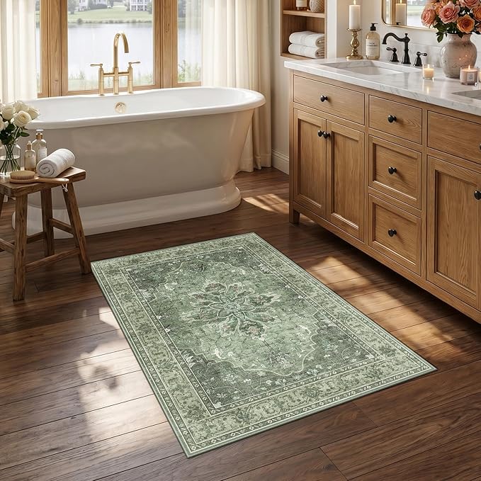 RELEANY Area Rugs 2'6"x4' Kitchen Rugs Entry Rug Small Rugs for Entryway Kitchen Bathroom Door Mat Indoor Entrance,Washable Non Slip, Dark Green Gray