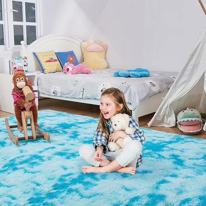 Ultra Soft Rug for Living Room, 5X8 Fluffy Shag Area Rug for Bedroom, Modern Shaggy Carpets Fuzzy Rug for Teens Dorm Nursery Home Decor Aesthetic, Upgrade Anti-Skid Durable, Tie-Dyed Blue
