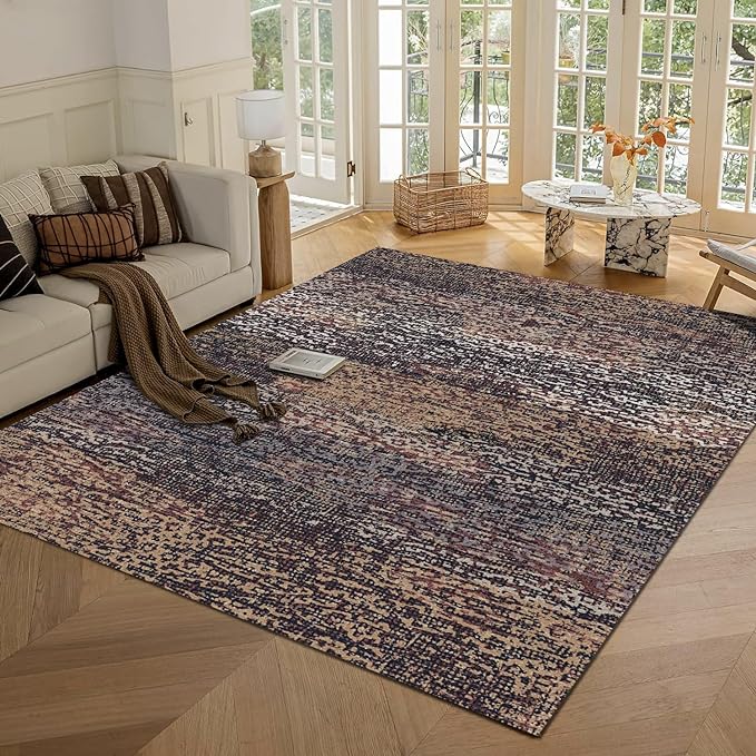 RUGSURE Washable Area Rug - 1/6" Thick Low Pile - Stain & Water Resistant Non-Slip Backing - Pet & Child Friendly Vintage Abstract Design in Multi-Tone Rust Brown, Blue & Beige (3' x 5')