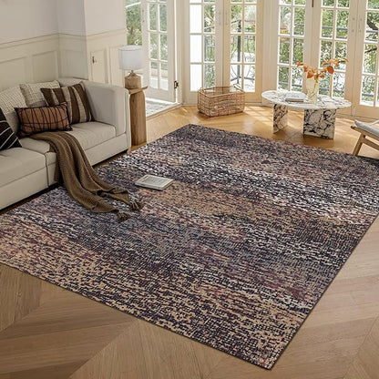 RUGSURE Washable Area Rug - 1/6" Thick Low Pile - Stain & Water Resistant Non-Slip Backing - Pet & Child Friendly Vintage Abstract Design in Multi-Tone Rust Brown, Blue & Beige (3' x 5')