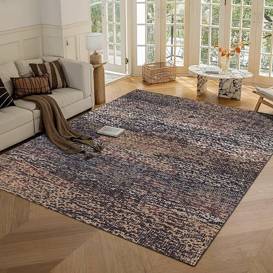 RUGSURE Washable Area Rug - 1/6" Thick Low Pile - Stain & Water Resistant Non-Slip Backing - Pet & Child Friendly Vintage Abstract Design in Multi-Tone Rust Brown, Blue & Beige (3' x 5')