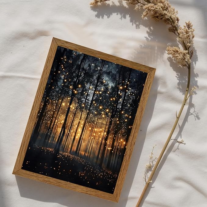 JLTULT Framed Enchanted Forest Firefly Canvas Wall Art, Dark Twilight Landscape Wall Decor, Rustic Botanical Nature Tree Art Prints for Bedroom Living Room Office Decoration 8x10 inch Easy to Hang